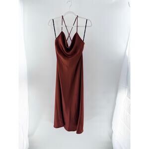 Lovely Satin Spaghetti Straps Cowl Neck Pencil Midi Dress Brown Women's Small